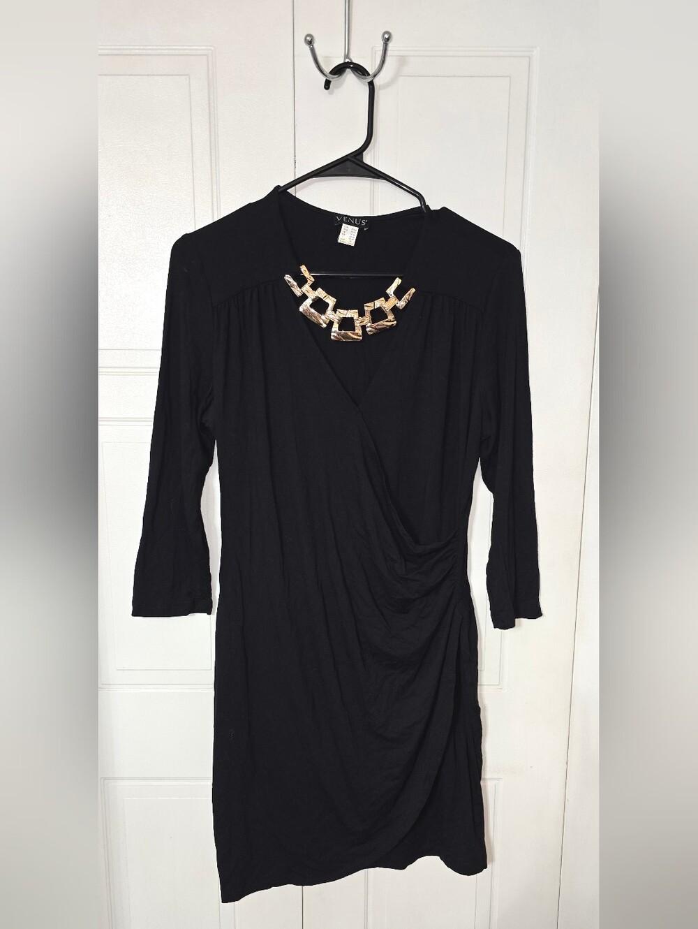 VENUS Black Draped Faux-Wrap 3/4 Sleeve Dress - Medium